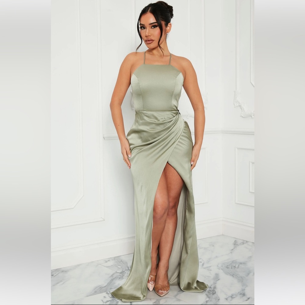 Fashionova Spread Love Satin Maxi Formal Dress Olive green